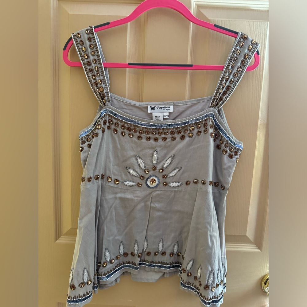 GREY BEADED BOHO TANK